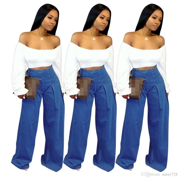 

latest trendy women jeans two pieces suits slash neck long sleeves short t shirt and blue denim wide leg jeans fashion two-pieces0262, White