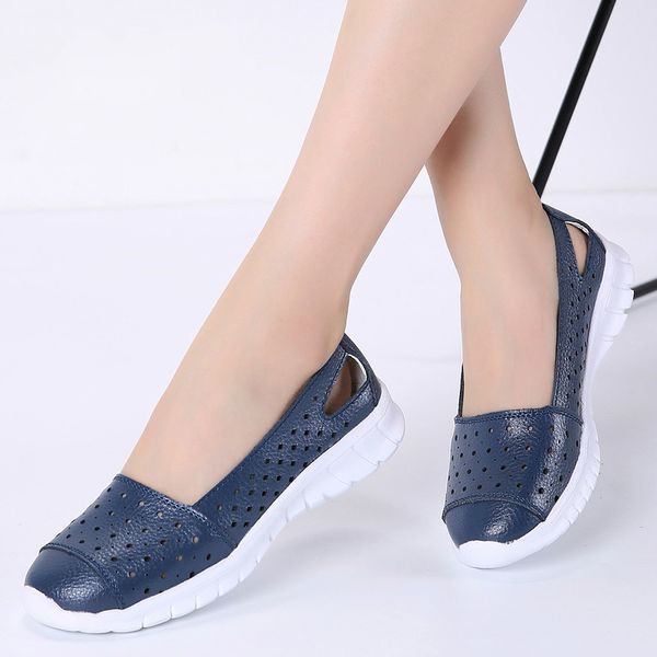 

2020 autumn women flat shoes genuine leather cutout ballet flats shoes flats ladies slip on loafers boat, Black