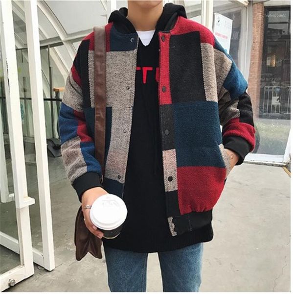 

men cardigan wool plaid jackets pocket zipper fly coats stand collar patchwork long sleeved contrast color mens clothing, Black;brown