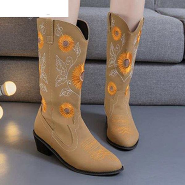

2020 winter women's boots fashion put-on mid-calf boots comfortable low-heeled round-toe square heel embroidered pu women boots, Black