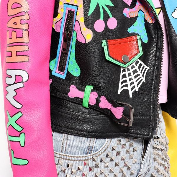 

lordxx colorful rainbow jacket women 2018 new fashion print yellow sleeve street short leather jacket zipper motorcycle coat, Black;brown