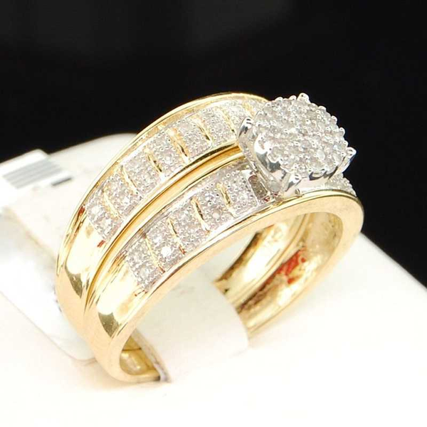 

cluster rings 2 pcs/set fashion jewelry zircon engagement set for men/women wedding female crystals accessories gift, Golden;silver