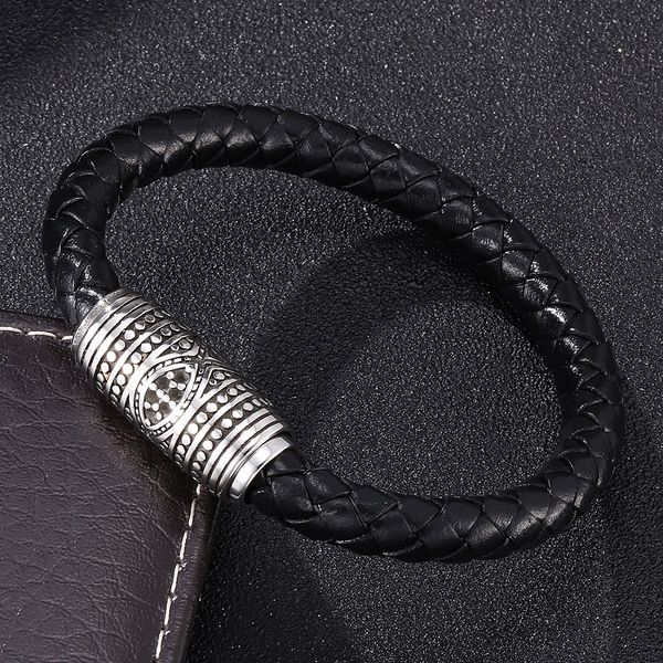 

Fashion Black/Brown Leather Braided Bracelet Men Stainless Steel Drum Type Magnetic Buckle Charm Bracelets Male Wrist Band Gifts
