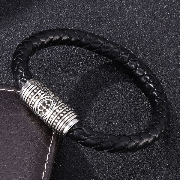 

Fashion Black/Brown Leather Braided Bracelet Men Stainless Steel Drum Type Magnetic Buckle Charm Bracelets Male Wrist Band Gifts