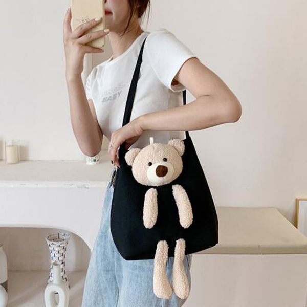 

women canvas bag cartoon shoulder bag bear messenger cute doll bear female ladies crossbody