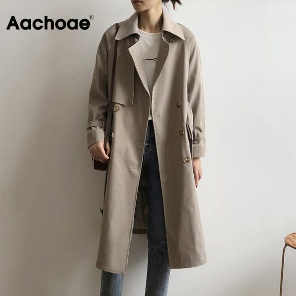 

aachoae elegant office solid long trench coat women batwing long sleeve vintage bandage coat lady double breasted windbreaker, Tan;black