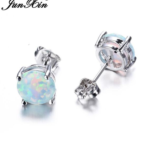 

junxin bohemia fire opal earrings for women ladies white blue red amethyst round white gold filled double side stud002, Golden;silver