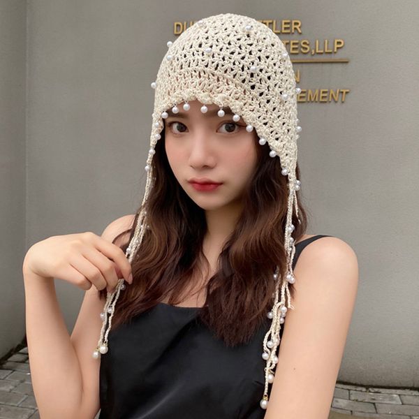 

2020 hollow pearl hat бахромой pearl fisherman hat женский ручной крюк цветок весна лето набор ретро hollow, Blue;gray