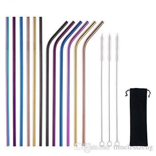 

6*215mm 304 stainless steel straw reusable drinking straws colorful metal cleaning brush home party wedding bar tools barware