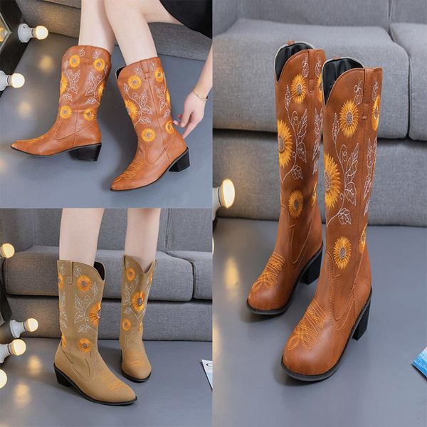 

new classic embroidered western pu leather boots for women leather cowgirl boots low heels shoes knee high woman, Black
