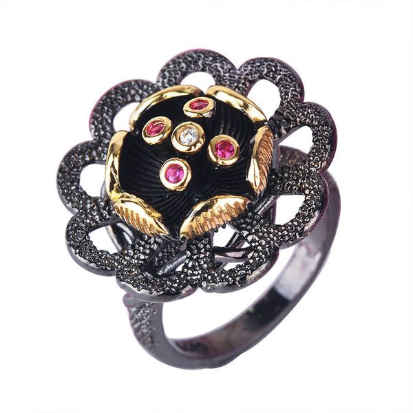 Italienischer Schmuck Vintage Gothic Sterling Silber Ringe für Frauen Elegante Blume Schwarz Gold Fingerringe Ehering Schmuck