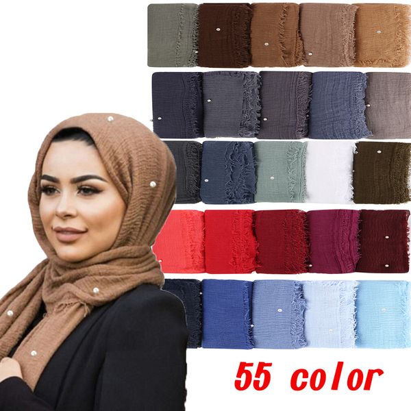 

women crinkle bubble cotton scarf shawls beads wrinkle crumple pearl wrap muslim headband winter scarves 55 color, Blue;gray