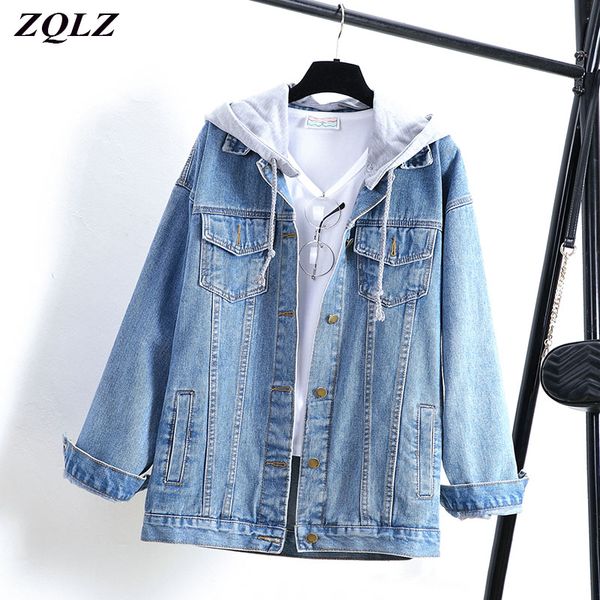 

zqlz autumn jeans coat women 2020 new hooded loose casual vintage denim jacket female harajuku spring jean outerwear mujer, Black;brown