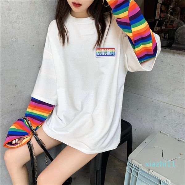 

shellsuning rainbow fake two t shirt women 2020 new long sleeve kawaii tees student loose stripe oversized cool clothes, White