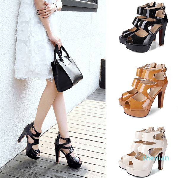 

2018 summer patent leather peep toe platform super high heel ankle back zip women's sandals ladies shoes, Black