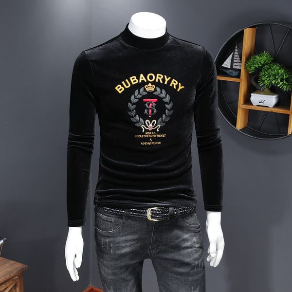 

2020 new high-neck long-sleeved t-shirt men plus velvet bottoming shirt gold velvet trend embroidery large size compassionate shirt, White;black