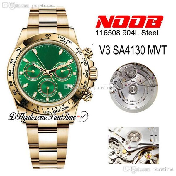 

n v3 904l steel cal.4130 sa4130 automatic chronograph mens watch green dial 18k yellow gold oyster bracelet edition 116508 puretime ne5, Slivery;brown