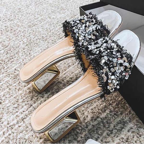 

metal cover heels sandals women sequined cloth open toe slippers silver thick med high heels sandalias glitter paillette zapatos, Black
