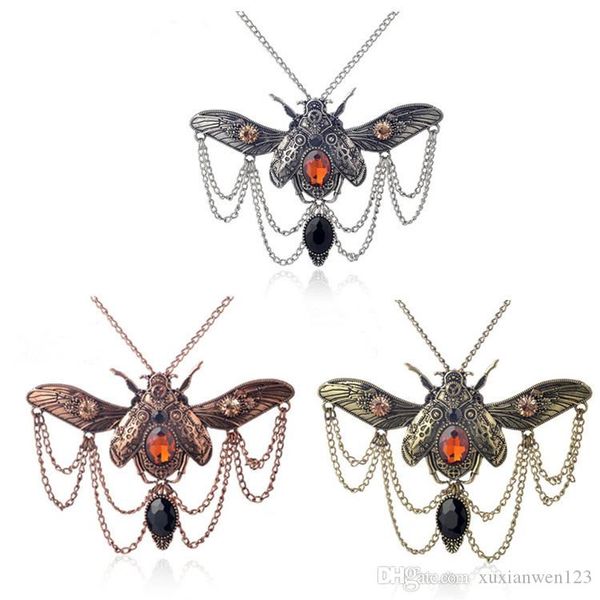 

steampunk statement necklace plated antique bronze chain link pendants ladybug animal bronze black orange rhinestone vintage, Silver