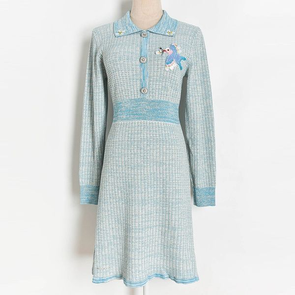 

elegant sweater dress women 2020 autumn winter dress lapel buttons swallow bead appliques long sleeve vestido de sueter, Black;gray