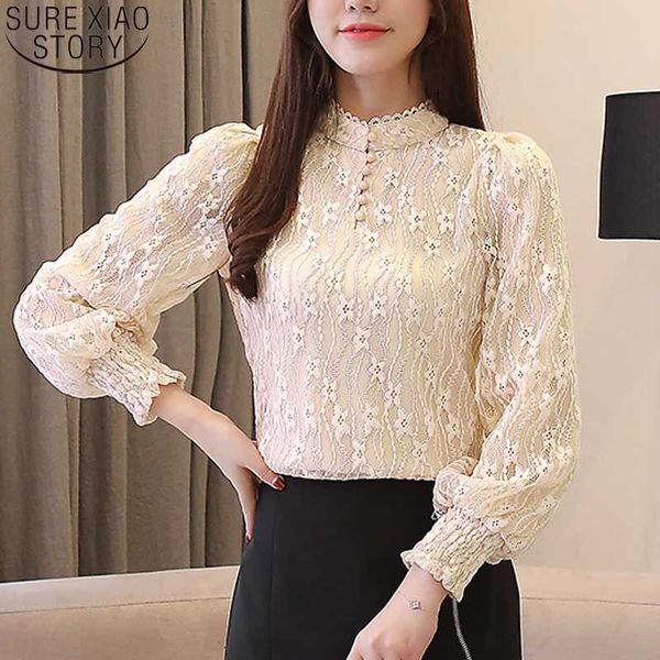 

women's blouses & shirts fashion casual ladies autumn women lace blouse puff long sleeve 2021 clothes womens and 10512, White