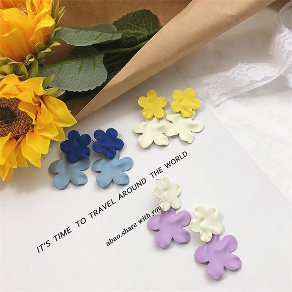 

small fresh fashion irregular color contrast paint small flower big earrings korean sweet cute flower women metal jewelry gift, Silver