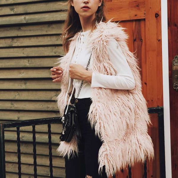 

savabien урожай женщины искусственного меха жилет длинный волосатая зимние теплые пушистые дамы streetwear 2020 мода без рукавов из искусств, Black