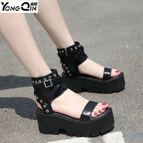 

new rome european street wedges high-heeled sandals open-toed sandals women, Black