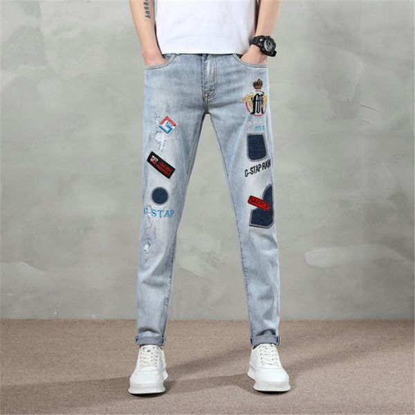 

fashion men's jeans are high-quality, pleated printed slim-fit men's trousers with small feet, stretch slim-fit jeans, fashionable, Blue