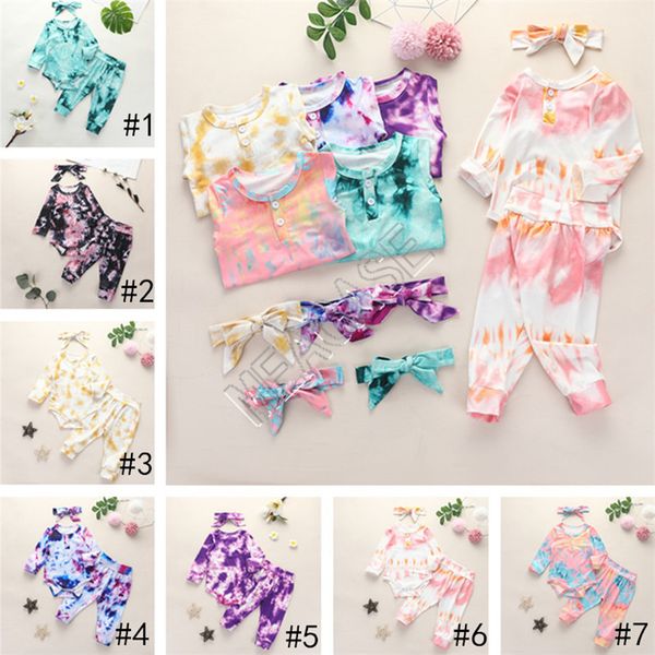 

autumn kids baby clothes tie dyed 3 pieces sets bodysuits long sleeve romper + pants + headbands outfits children clothing suit d82506, White