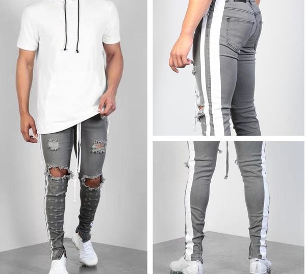 

fashion streetwear men s jeans gray skinny male ripped jeans side taped homme hip hop denim pants, Blue