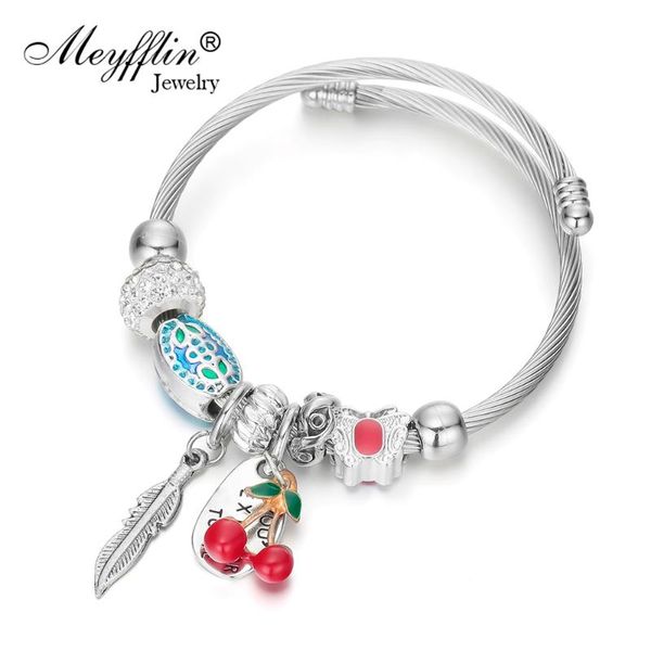 

bangle meyfflin crystal bead bracelets & bangles with cherry leaf pendant antique silver color bracelet for women wedding charm jewelry, Black