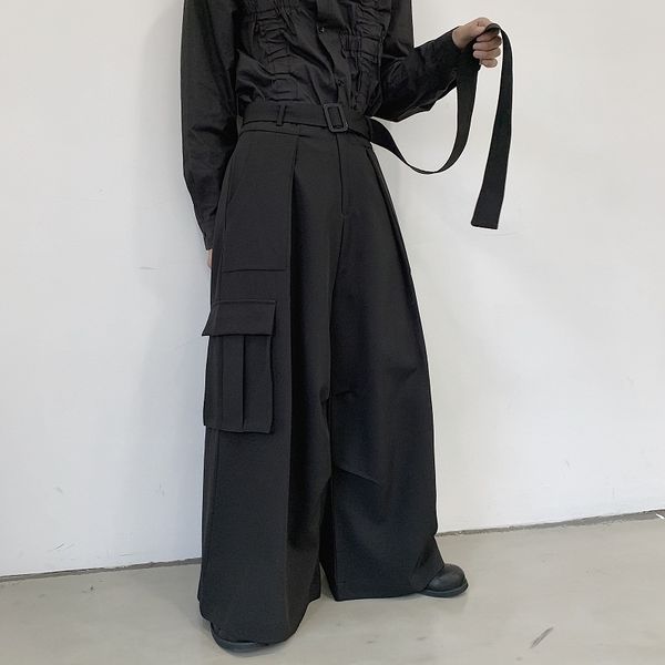 

men japan loose casual wide leg cargo pants male streetwear hip hop punk gothic harem belt trousers kimono straight skirt pants, Black