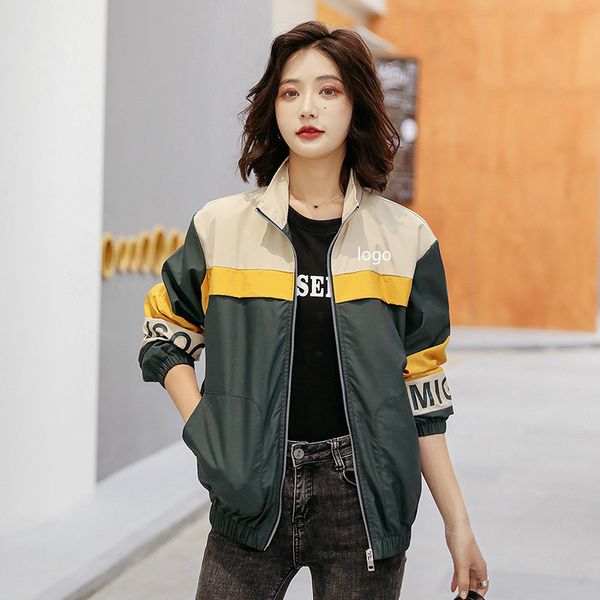 

2020 new women's windbreaker autumn loose casual jacket fashion color matching stand-up collar cardigan three leaves baseball uniform top