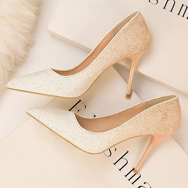 

dress shoes nice2021 style women's 6289-18 heel shallow mouth pointed head gradient sequins slimming nightclub high heels single, Black