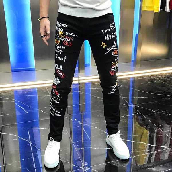 

men's jeans 2021 autumn pants personalized color painting letter printing mid waist slim and handsome small leg trend man, Blue