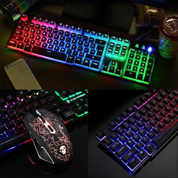 

1set 1set t6 rainbow led backlit multimedia ergonomic usb wired gaming keyboard wired mouse and mouse pad