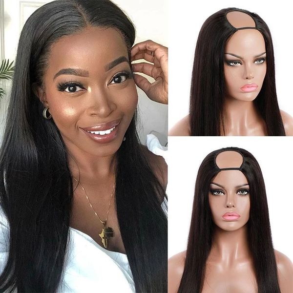 

u part lace wigs brazilian straight human hair for black women middle u shape deep part wigs 150 density glueless lace wigs 10-24, Black;brown