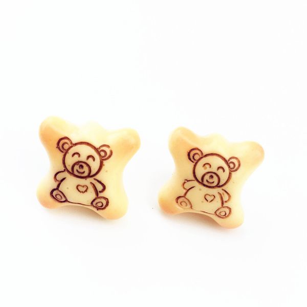 

creative charm earrings cute handmade bear cookies dangle drop earrings ear clips funny food resin cartoon earrings for women girl, Golden