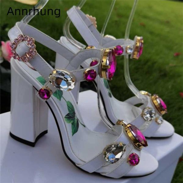 

diamond rhinestone summer shoes woman printed flower open toe banquet shoes chunky heel crystal sandals women, Black