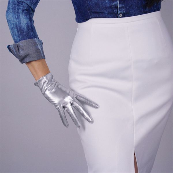 

21cm patent leather short style gloves basic emulation leather mirror metal silver touchscreen black female model pu123, Blue;gray