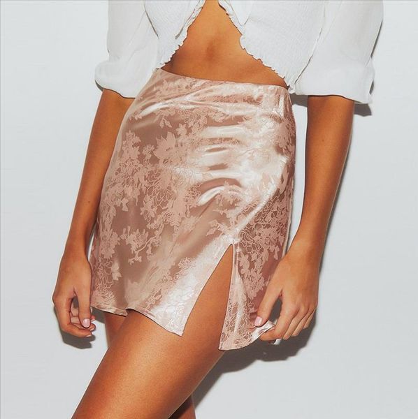 

new arrival women bodycon satin skirt black pink elegant split skirt zipper slim party mini skirt women vestidos 1223q25