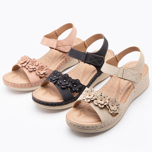 

newly women summer sandals sweet floral wedged sandals large size comfortable pu leather, Black