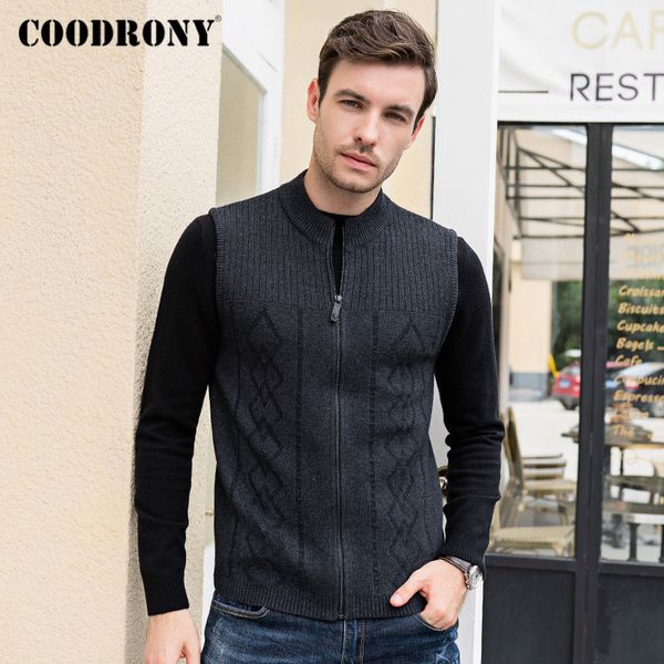 

coodrony brand cardigan men merino wool sweater men sleeveless vest coat autumn winter thick warm fashion zipper cardigans c3004, White;black