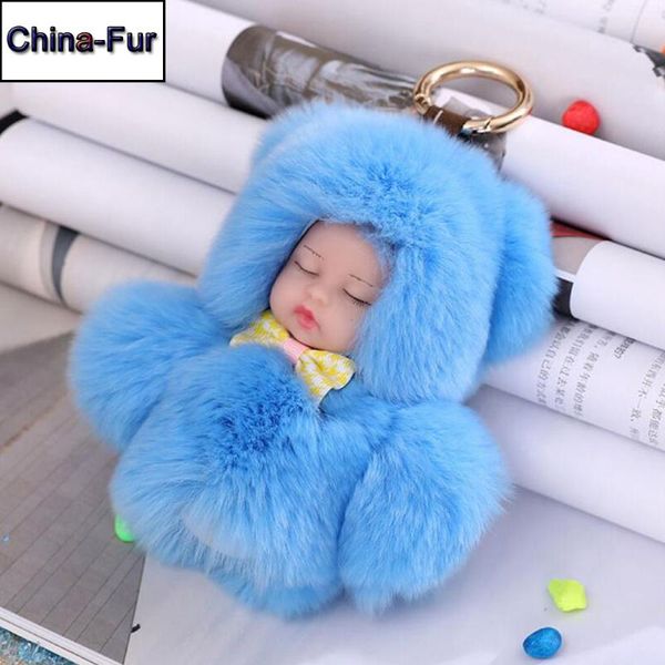 

fasnion 13cm cute sleeping baby doll key chain real rex fur keychain fluffy pom pom keyring bag car trinket women gift, Silver