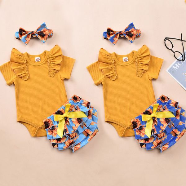 

3pcs newborn toddler baby girls floral crop t-shirts shorts outfits set off shoulder clothes summer suits headband, White