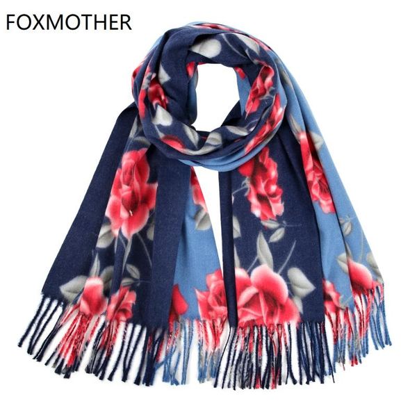 

foxmother new winter women cashmere scarves rose floral print long scarf with tassel shawl wrap ladies echarpe sjaal, Blue;gray