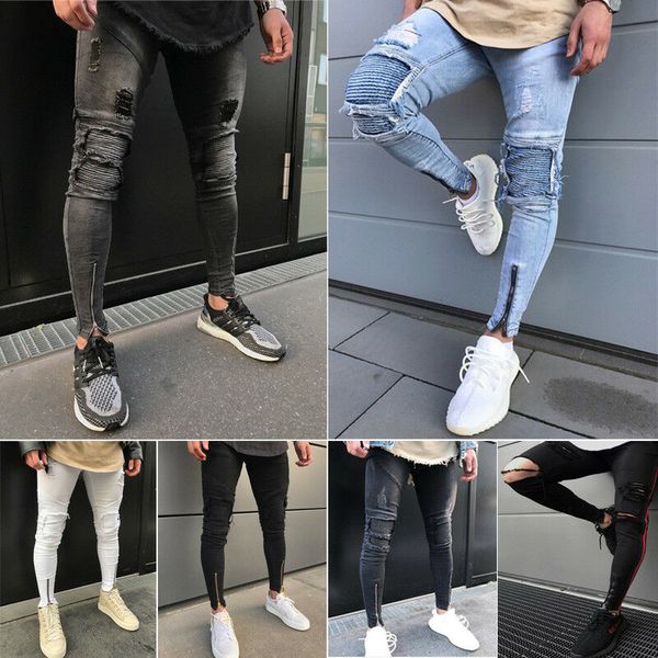 

mens skinny jeans rip stretchy jeans destroyed bike frayed slim fit denim pant men skinny stretch men denim trouser, Blue