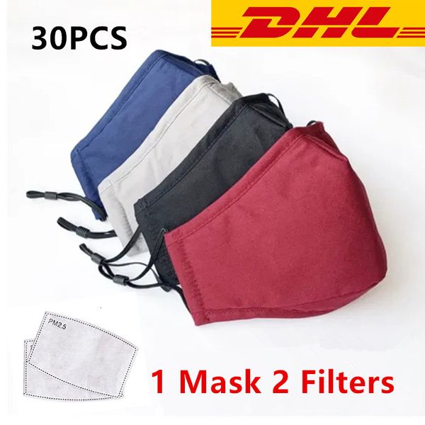 

30pcs dhl washable cotton face mask роскошные ткани рта маски черный с 2pcs против пыли pm2.5 воздушные фильтры защитная ткань маски многора