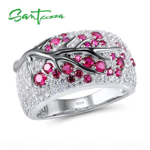 

santuzza silver ring for women genuine 925 sterling silver pink cherry tree cubic zirconia ladies delicate fashion jewelry cx200622, Slivery;golden